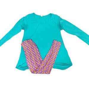 LuLaRoe 2-Piece Outfit Teal Long Sleeve Top with Buttery Soft Pastel Leggings L